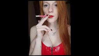 Video 1574707513: smoking fetish solo, smoking amateur solo, amateur solo female, leather smoke fetish, red solo, fetish redhead, girl smoking cigarette, red haired girl, long haired girl, corset girl