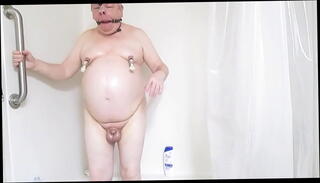 Video 1656541285: gagged butt plugged, butt plug nipple, shower butt plug, nipple vacuum