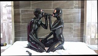 Video 1664374203: fetish latex catsuit, double dildo masturbation, girl double dildo, amateur double dildo, girl double blowjob, german latex, licking sucking