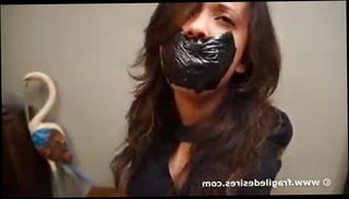 Video 1521617801: gag strap, pantyhose gagged, skirt black pantyhose, gagged leather, straight black
