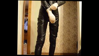 Video 1305767615: leather leggins, leather jerk, jerking black