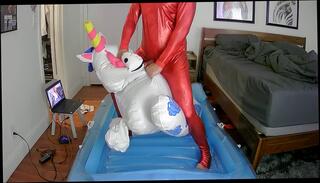 Video 1664491665: inflatable latex, red latex catsuit, cum inflation, inflatable toy, riding inflatable, cum bukkake
