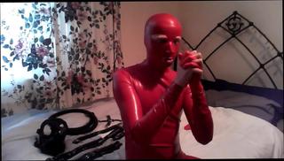 Video 701110104: red latex catsuit, latex fetish, latex self, little latex